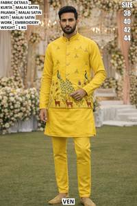 Traje Kurta Tradicional para Hombre, Estilo Bandhani Heritage Peacock Malai Satin, de Secado Rápido, Corte Regular, Largo hasta el Suelo, para Bodas y Fiestas - Product Image 3