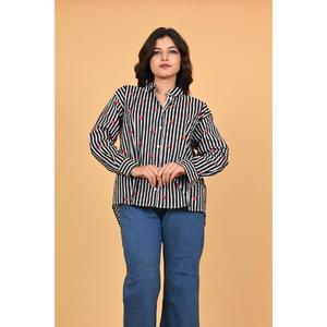 Camisa de Algodón a Rayas con Estampado de Corazones para Mujer, Blusa de Manga Larga con Botones, Estilo Casual Chic para Oficina, Top con Estampado Lindo - Product Image 5
