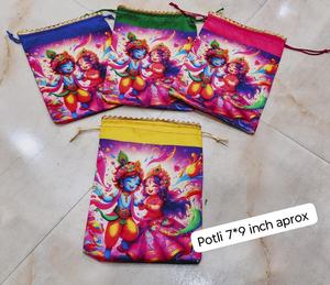 Bolsas Potli con Cordón y Estampado Vibrante de Radha Krishna, Recuerdos Festivos Perfectos para Cada Ocasión, Bolsitas Versátiles - Product Image 1