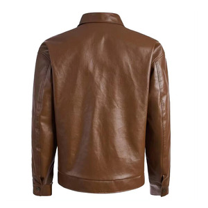 Veste en cuir véritable marron pour homme, col rabattu, coupe classique, couleur unie, fermeture à boutons, vêtement d'automne - Product Image 3