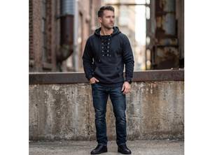 Lace-Up Men's Henley Hoodie, <b>Retro</b>-Style Pullover <b>Sweatshirt</b>, Long-Sleeved Pullover Hooded Sweater - Product Image 5