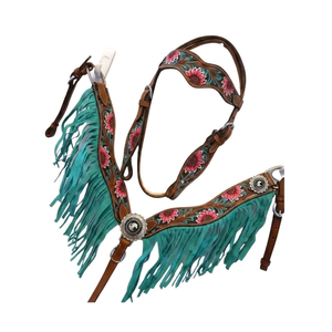 Ensemble de têtière et de collier de poitrine western à une oreille en cuir de vache 100% fait main avec franges, produits équestres en gros du fabricant - Product Image 2