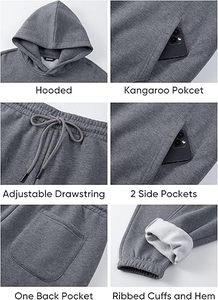 Ensemble survêtement gris à capuche pour homme 100% coton, manches longues, couleur unie, sweat-shirt et pantalon décontractés avec poches latérales - Product Image 6