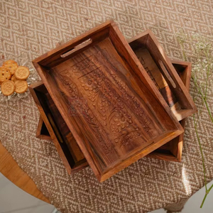 Bandeja Otomana Rectangular de Madera Hecha a Mano: Bandeja Tallada para Café y Té - Product Image 1