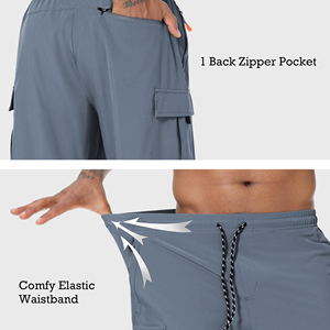Shorts cargo gris pour homme, séchage rapide, longueur genou, taille élastique avec cordon de serrage, pantalon décontracté d'été - Product Image 5