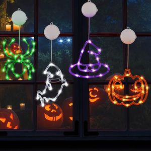 Set di 4 Decorazioni per Halloween: Zucca Arancione, Fantasma Bianco, Cappello da Strega Viola, Luci a Forma di Ragno Verde, Decorazioni a Batteria - Product Image 1