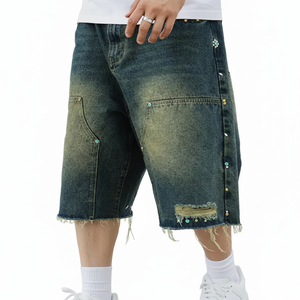 Shorts de mezclilla casuales con pedrería, de cintura baja y corte recto, para hombre y mujer, de moda y gran venta. - Product Image 2