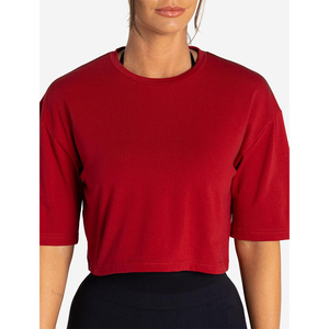เสื้อครอปท็อปผู้หญิงสีแดงล้วน แขนสั้น คอกลม ผ้าถัก สวมใส่สบายๆ สำหรับฤดูใบไม้ผลิและฤดูร้อน ระบายอากาศได้ดี เหมาะสำหรับใส่ทุกวัน - Product Image 4
