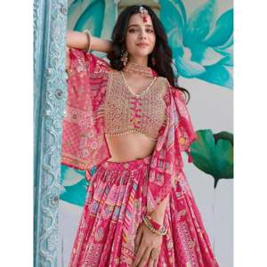 Lehenga Choli de Boda Bordado con Hilo Chinon Rosa, con Volantes y Perlas - Product Image 6