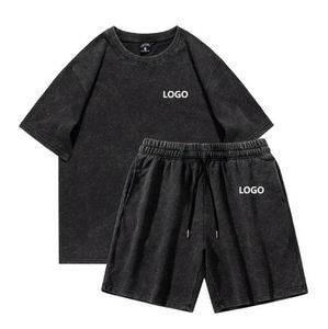 Ensemble T-shirt et short d'été en coton 100% respirant, de haute qualité, 250 GSM, poids lourd, grande taille, uni, délavé à l'acide - Product Image 1