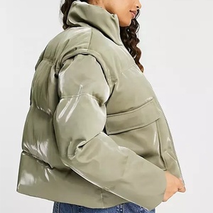 Veste matelassée en PU vert olive, col roulé, fermeture éclair, longueur courte, coupe-vent, vêtements décontractés d'hiver, unisexe - Product Image 1