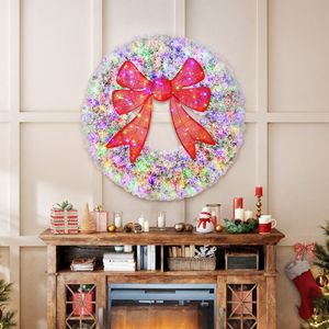 Guirlande de Noël pré-éclairée de 48 pouces avec nœud rouge 3D, 11 modes d'éclairage, télécommande, guirlande de porte d'entrée floquée - Product Image 2