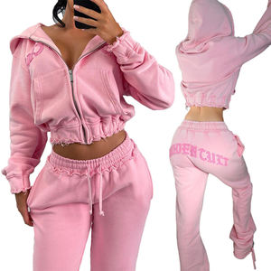 <b>Pink</b> Women's Hooded <b>Tracksuit</b> Set Full Sleeve Zipper Sweatshirt and Jogger Pants with Embroidery Logo Y2K Style Autumn Wear - Product Image 1