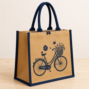 Sac fourre-tout de luxe décontracté en jute avec fermeture éclair, réutilisable, pour le shopping, imprimé floral, à porter à l'épaule pour les courses et l'usage quotidien - Product Image 4