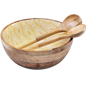 Ensemble de saladiers en bois de manguier faits à la main avec des ustensiles assortis, design floral élégant en émail, grand saladier écologique - Product Image 6