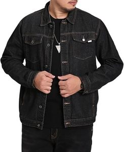 Men's Black Denim Jacket Casual Button Front Solid Color Regular Fit Stonewashed Cotton Autumn Winter Wear - Product Image 2