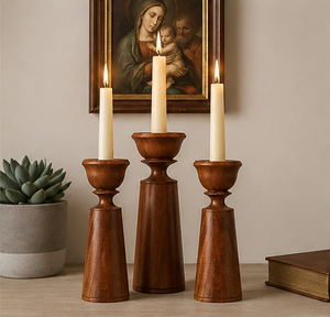 Handmade Rustic Mango Wood Pillar <b>Candle</b> Holder <b>Set</b> Vintage Decorative Wood Candlestick Stand For Wedding Centerpieces & Home - Product Image 2