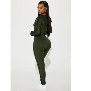 Combinaison tricotée vert olive taille haute pour femme, manches longues, décontractée, grande taille, tenue de sport, longueur intégrale, couleur unie, très extensible - Product Image 2