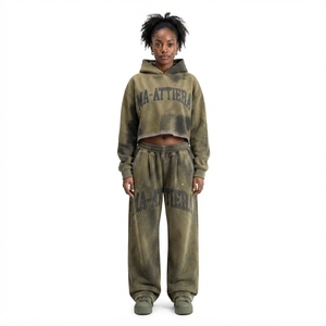 Custom Women Olive Green Acid Wash <b>Cropped</b> Hoodie Cargo <b>Jogger</b> Set Cotton Fleece Streetwear Tracksuit OEM Wholesale - Product Image 1