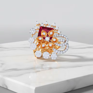 Bague élégante en or avec motif floral et pierre précieuse rouge rubis, bijoux pour occasions spéciales - Product Image 4