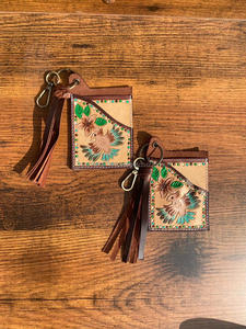 Nueva llegada Real Floral Tooled cuero ATM Card Holder casos elegante lindo pequeño Western moda borla tarjeta caso con llaveros - Product Image 3