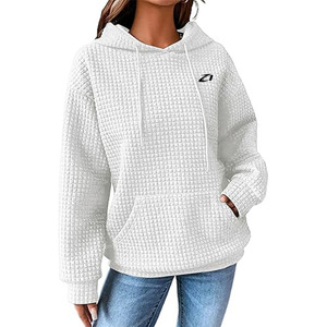 Custom Women <b>Waffle</b> Knit Hoodie Pullover Textured Fleece Sweatshirt with Kangaroo Pocket for Wholesale Thermal Hoodies Supplier - Product Image 5