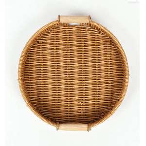 Juego de 3 bandejas multifuncionales de ratán tejido con asas de madera / Bandeja de desayuno boho hecha a mano / Organizador de tocador apilable - Product Image 4