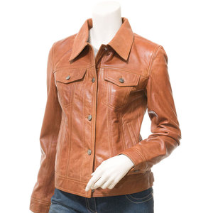 Women's Genuine Leather <b>Trucker</b> <b>Jacket</b> Turn-down Collar Full Sleeve Solid Color Button Closure Wholesale Factory - Product Image 1