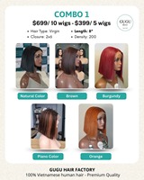 Combo de 5 perruques courtes lisses comme des baguettes, 8 pouces, en cheveux vierges vietnamiens pour femmes, perruque sans colle avec fermeture en dentelle 2x6, cheveux colorés