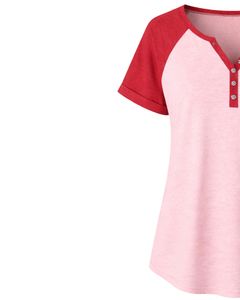 T-shirt personnalisé pour femme, rose clair et rouge, à manches courtes, col Henley, haut à manches raglan, en coton doux, coupe décontractée, tee-shirt d'été respirant - Product Image 4