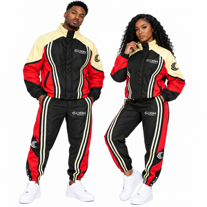 Conjunto Deportivo Unisex Rojo y Negro con Bloques de Color, Cierre Completo, Cuello Alto, Estilo Urbano, Transpirable, de Poliéster, para Otoño - Product Image 4