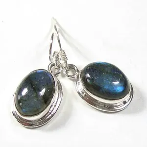 Boucles d'oreilles pendantes en labradorite pour femme, en argent sterling 925, serties clos, cabochon ovale, style vintage, pierre précieuse bleue - Product Image 5