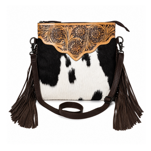 Western Hair-On Cowhide Leather Crossbody Bag Hand Tooled Floral Shoulder <b>Purse</b> <b>with</b> Fringe Genuine Leather Travel Handbag Women - Product Image 1