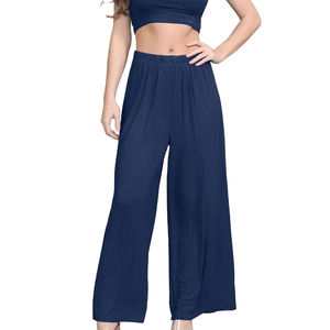 Pantalon large pour femme à taille élastique, coupe décontractée, longueur cheville, couleur unie, tricoté, été - Product Image 1