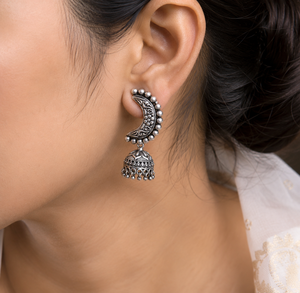 Oxidized <b>Silver</b> Brass Bell Indian Jhumka <b>Earrings</b> Zircon Pear Cut Bezel Setting Handmade Classic Bohemian Antique <b>Silver</b> Plated - Product Image 1