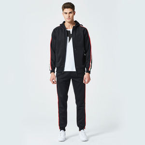 Ensemble de survêtement noir à capuche pour homme, sweat-shirt à fermeture éclair à manches longues avec poches latérales, tenue décontractée d'automne, coupe régulière rayée - Product Image 2