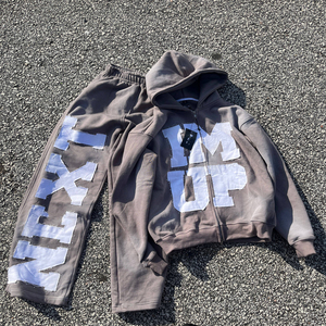 Conjunto de dos piezas de chándal para hombre con bordado desgastado y sudadera con capucha de fuego, pantalones de chándal, estilo vintage, streetwear, algodón grueso, moda casual - Product Image 3