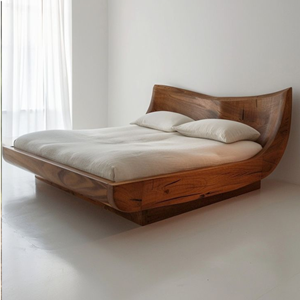 Modern Solid Teak <b>Platform</b> <b>Bed</b> <b>Frame</b> Curved Headboard Wooden Bedroom Furniture Custom Size Indonesia Manufacturer - Product Image 1