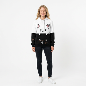 Sweat à capuche pour femme avec motif de chat de dessin animé, noir et blanc, manches régulières, vêtements d'hiver, coton + polyester, respirant, avec poches - Product Image 2