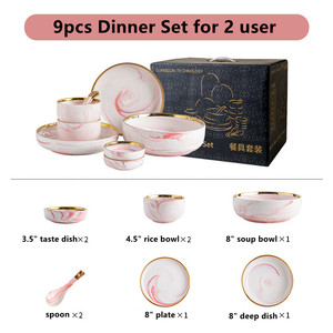 Juego de vajilla de porcelana de cerámica de mármol de lujo de 9 Uds., platos de porcelana con borde dorado nórdico, blanco y rosa, juegos de platos de boda modernos para restaurantes - Product Image 2