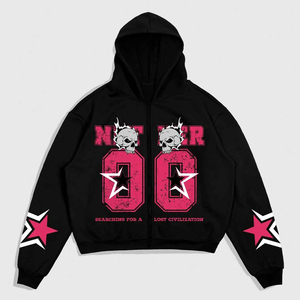 Sudadera con capucha Cyber Y2K para hombre, con cremallera, estampado gráfico de calavera gótica, detalle de estrella rosa en la manga, estilo urbano, corte holgado, tejido grueso - Product Image 1