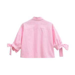 เสื้อเชิ้ตผ้าทอลายทางสีชมพู ปกพับได้ แขนสั้น ทรงหลวม สำหรับผู้หญิง สวมใส่สบายๆ ในชีวิตประจำวัน เสื้อผ้าลำลองสำหรับผู้หญิง - Product Image 2