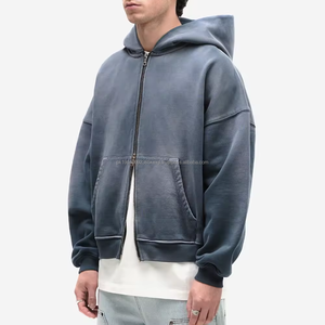 Custom Lightweight French Terry Cotton Cut <b>Raw</b> Hem Cropped Vintage Acid Wash Sun Faded Blank Zip Up Baggy Hoodie - Product Image 2