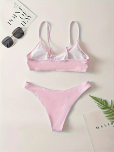 Bikini con tirantes ajustables para mujer – Traje de baño de dos piezas de color liso y corte ajustado para playa y piscina - Product Image 6