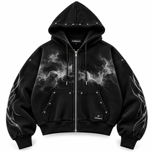 TwillSports Men's Oversized Hooded Zip-Up Fleece Sweatshirt With <b>Galaxy</b> Print And Flame Sleeves Streetwear Style Autumn Wear - Product Image 1