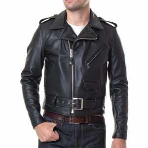 Veste de motard en cuir véritable pour homme de qualité supérieure, coupe classique slim, noire, avec ceinture et fermetures éclair, veste d'extérieur - Product Image 1