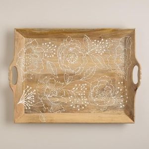 Bandeja de Madera Artesanal con Grabado Floral y Acabado Natural, Perfecta para Servir, Exhibir y Decorar el Hogar, Bandejas de Madera para Servir - Product Image 1