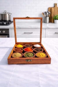Handmade Style Wooden <b>Spice</b> <b>Box</b> Indian Handcrafted Masala Dabba, Rustic Kitchen Organizer, Glass Lid - Product Image 3