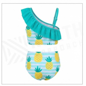 Conjunto de bikini de 2 piezas con estampado de piña para mujer, traje de baño de cintura alta con volantes y un hombro descubierto, diseño asimétrico - Product Image 2