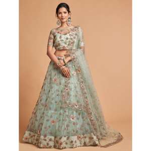 Impresionante vestido de noche de red de hilo verde Pista Lehenga Choli para ropa de fiesta - Product Image 5